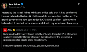 Cuitan Sara Sidner, jurnalis CNN, akhirnya meminta maaf setelah Israel menarik kembali klaim tentang pemenggalan bayi oleh Hamas. (X)